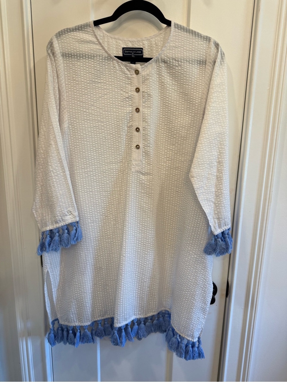 Duffield Lane White Tunic with Light Blue Tassel Trim